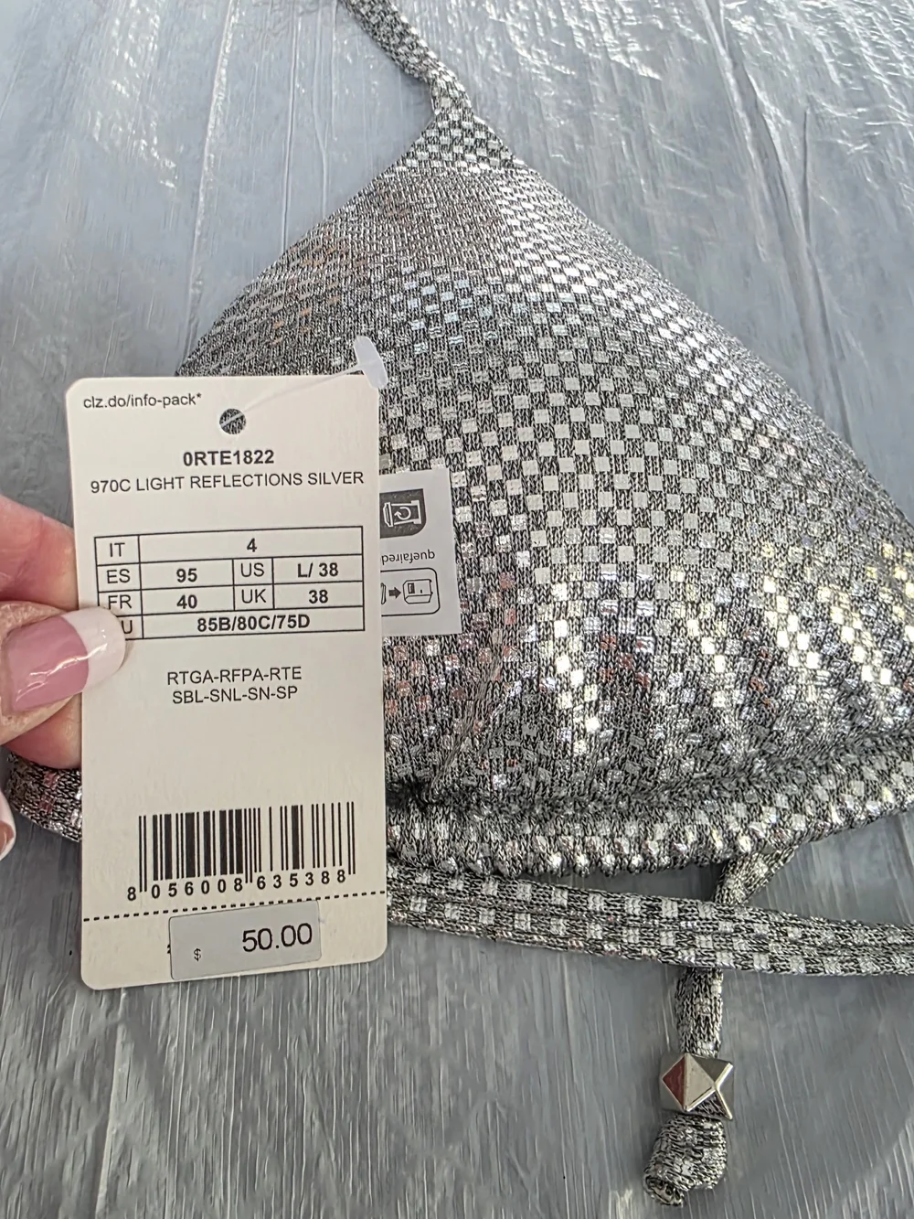 NWT Calzedonia Silver Metallic Triangle Bikini Set Top L Btm S
